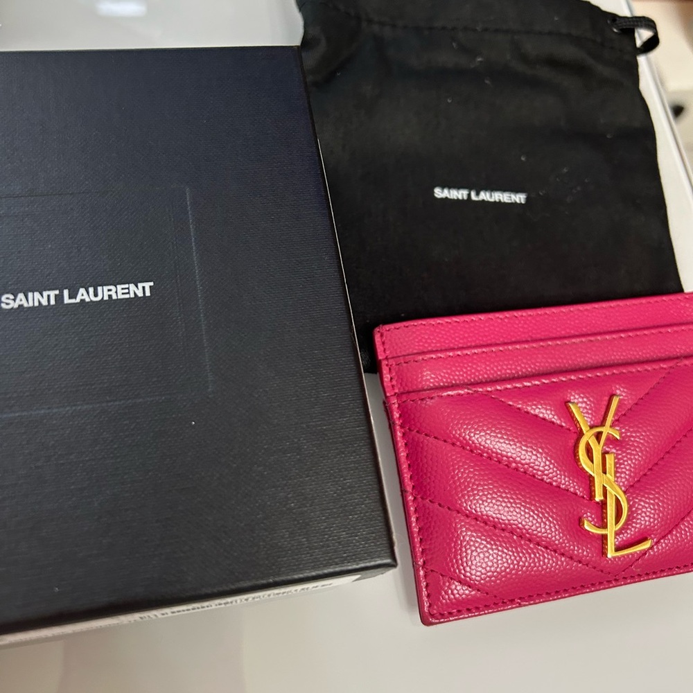 Saint Laurent Fuchsia Card Holder with Gold Logo